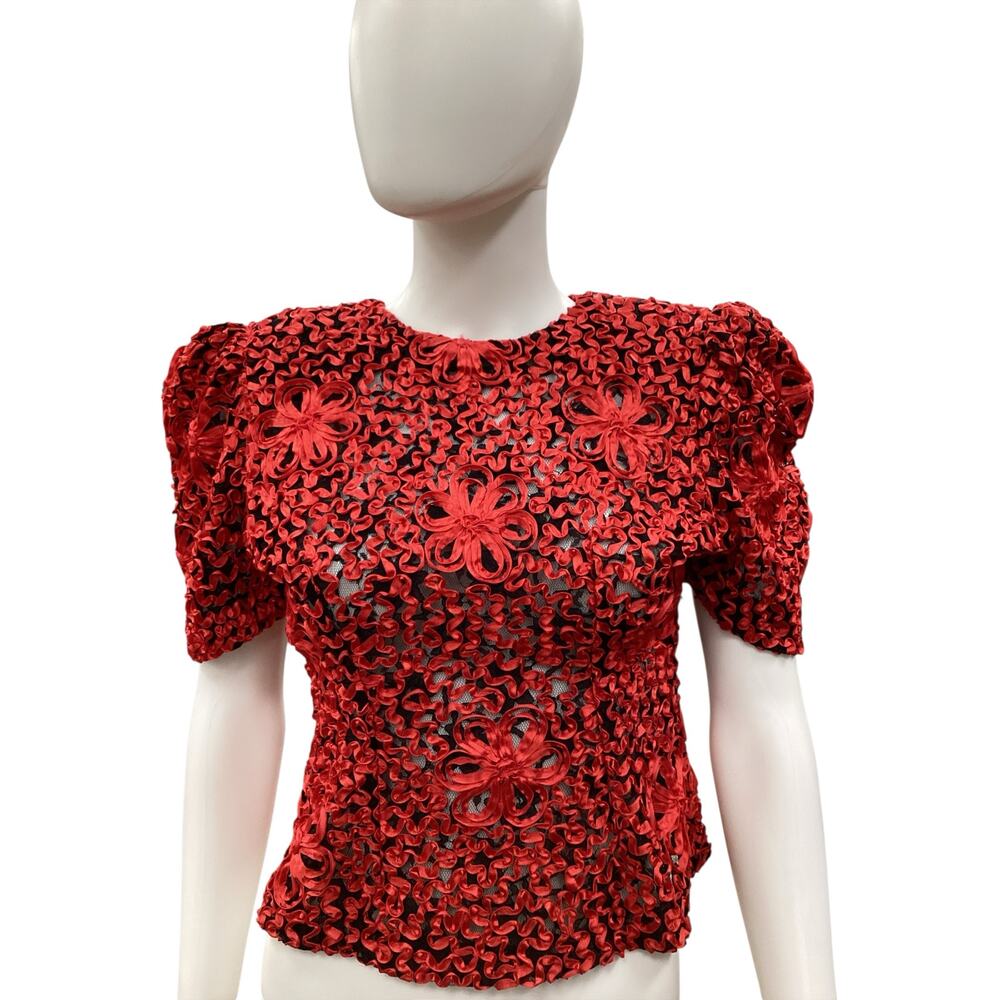Vintage Made In France Top Women’s SizeS/M Ribbon Pattern Puff Sleeves Sheer Red